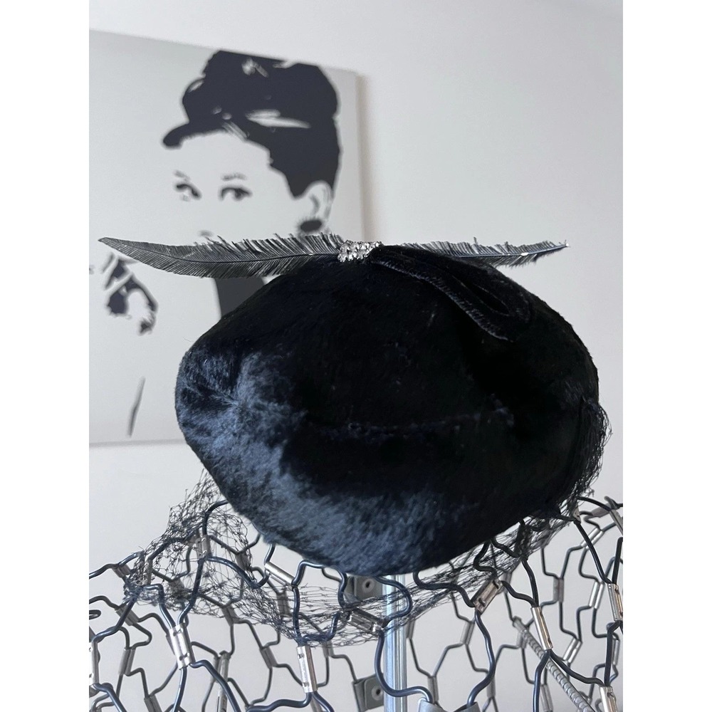 Vintage Black Faux Fur Pillbox Hat Rhinestone Feather Birdcage Veil Mid-Century